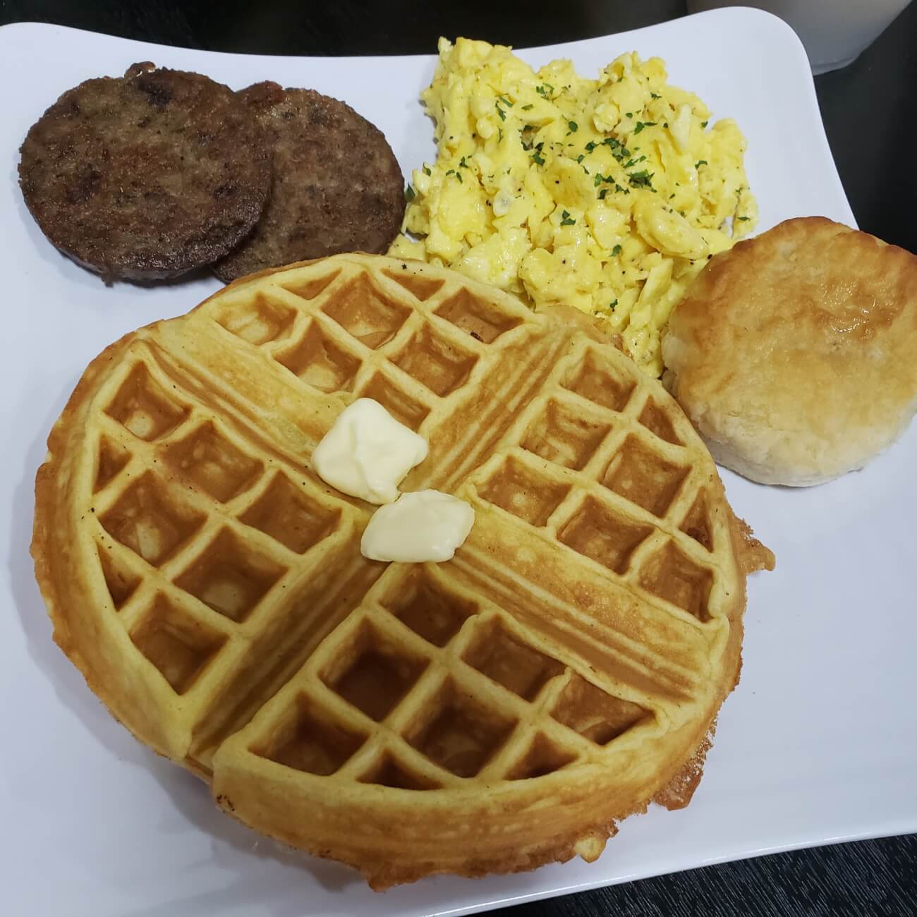 Breakfast Waffle, Sausage, Eggs